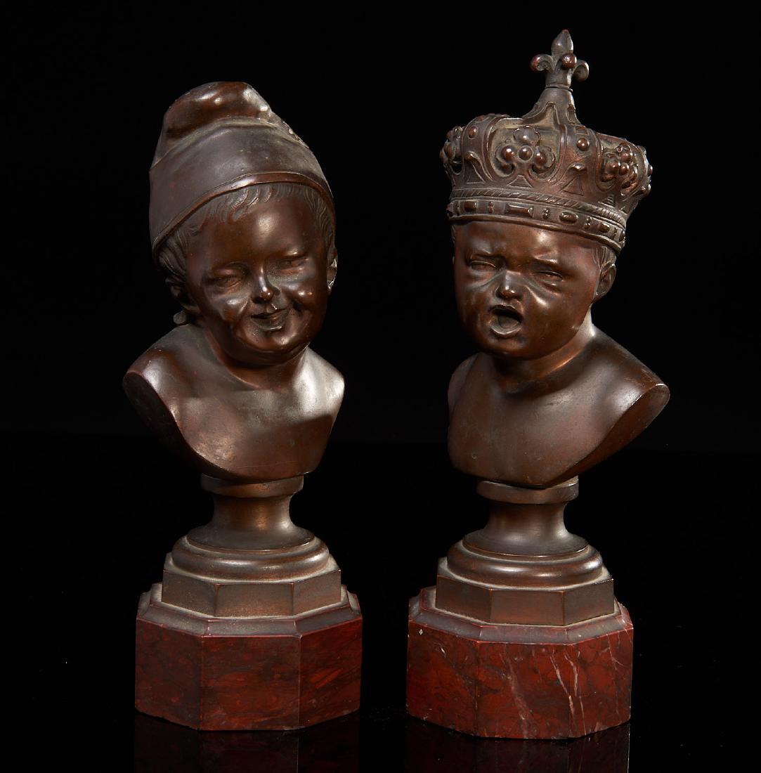 Manner of Franz X. Messerschmidt, (2) bronzes: Manner of Franz X. Messerschmidt, (2) bronzes, Manner of Franz Xaver Messerschmidt (German, 1736-1783), Happy child sad child, bronze with brown patina, signed "Francois", red marble bases, 10"h x 3.5