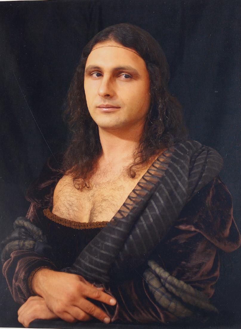 Unknown artist, male Mona Lisa photograph: Unknown artist, male Mona Lisa photograph, Unknown artist (20th/21st c.), Modern male "Mona Lisa", photograph or C-print, no signature visible, 24"h x 18"w (sight), 33.5"h x 28"w (framed)