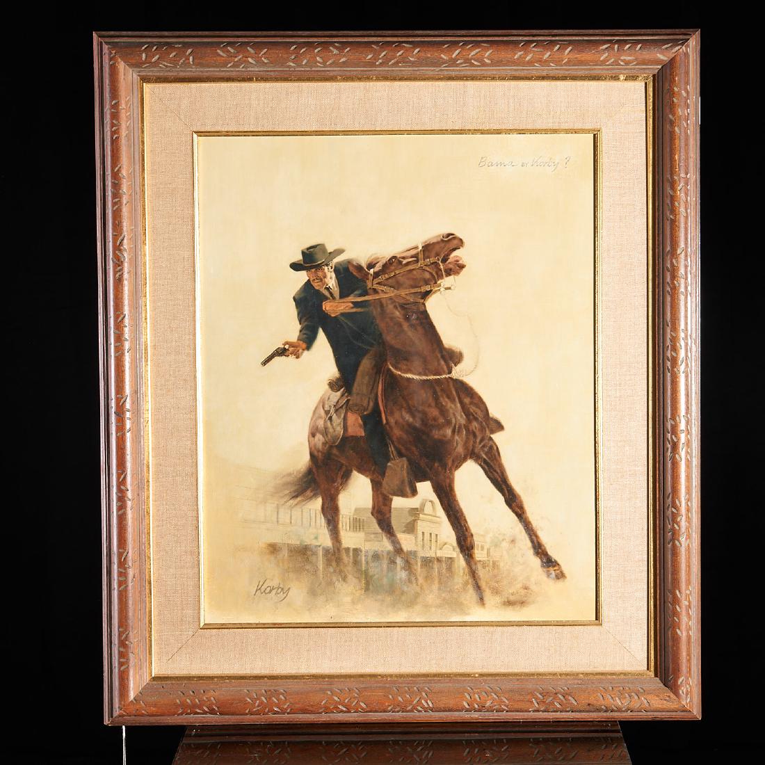 Sol Korby, Western illustration painting: Sol Korby, Western illustration painting, Sol Korby (American, b. 1923), "Bama by Korby?", outlaw on horseback, manner of James Bama (American, b. 1926), oil on artist's board, signed lower left "Korb