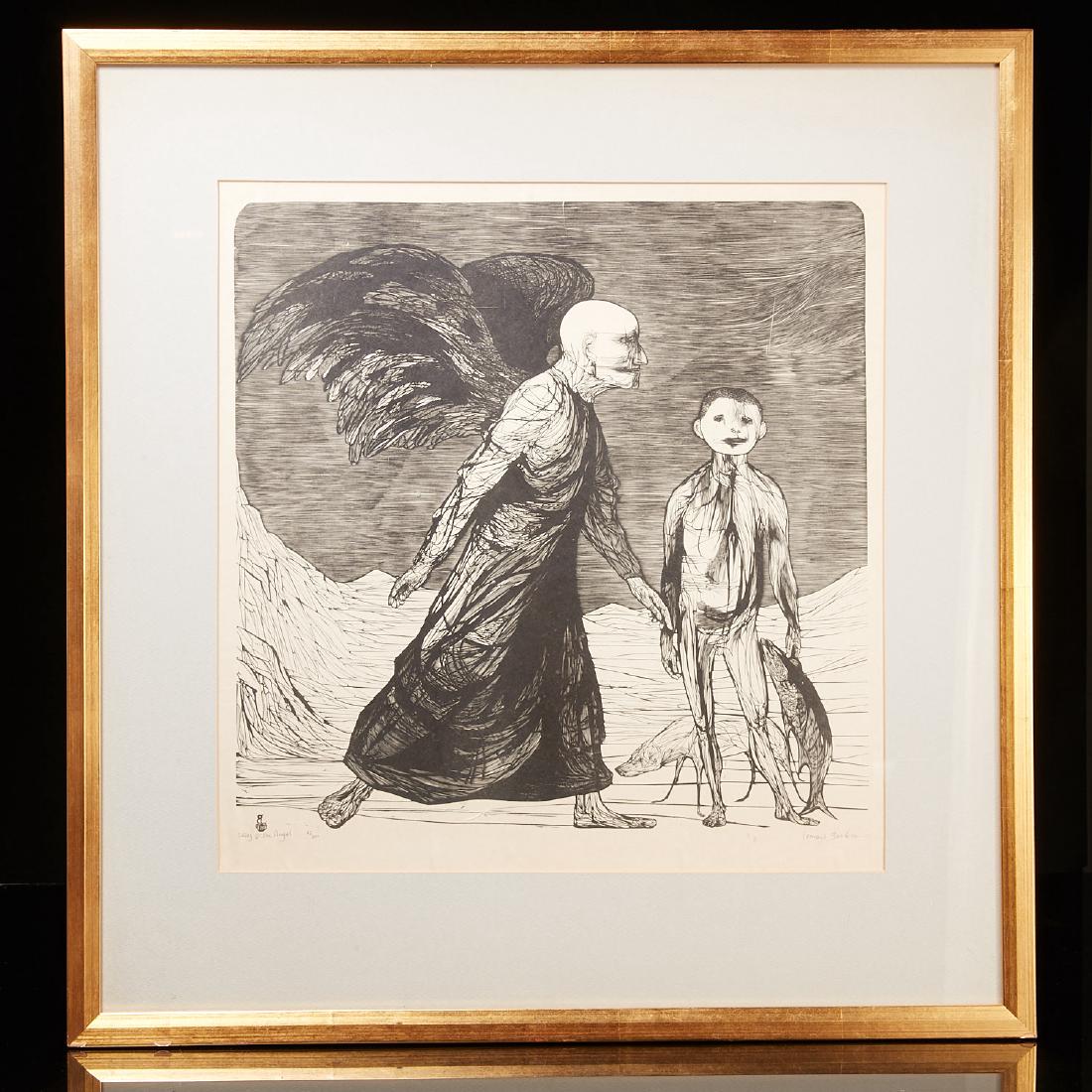 Leonard Baskin, woodcut: Leonard Baskin, woodcut, Leonard Baskin (American, 1922-2000), "Tobias & The Angel", woodcut on paper, pencil signed lower right "Leonard Baskin", titled and numbered (95/300) lower left, 14.75"h x 15
