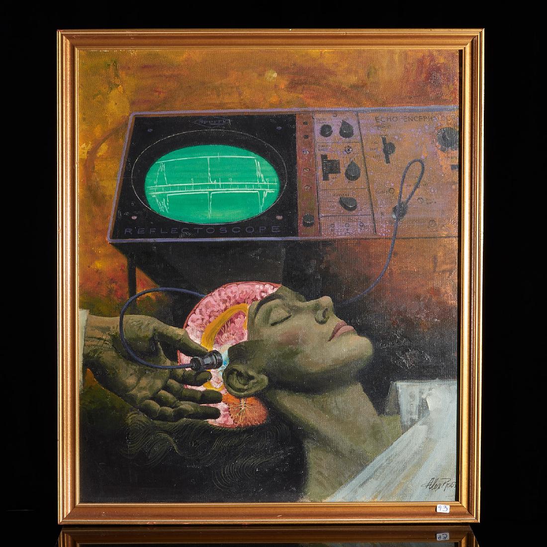 Alex Ross, medical illustration painting: Alex Ross, medical illustration painting, Alex Ross (American 1909-1990), Echoencephalogram, oil on artist board, signed lower right "Alex Ross", 22"h x 18.5"w (sight), 24"h x 20.5"w (framed) Provenan
