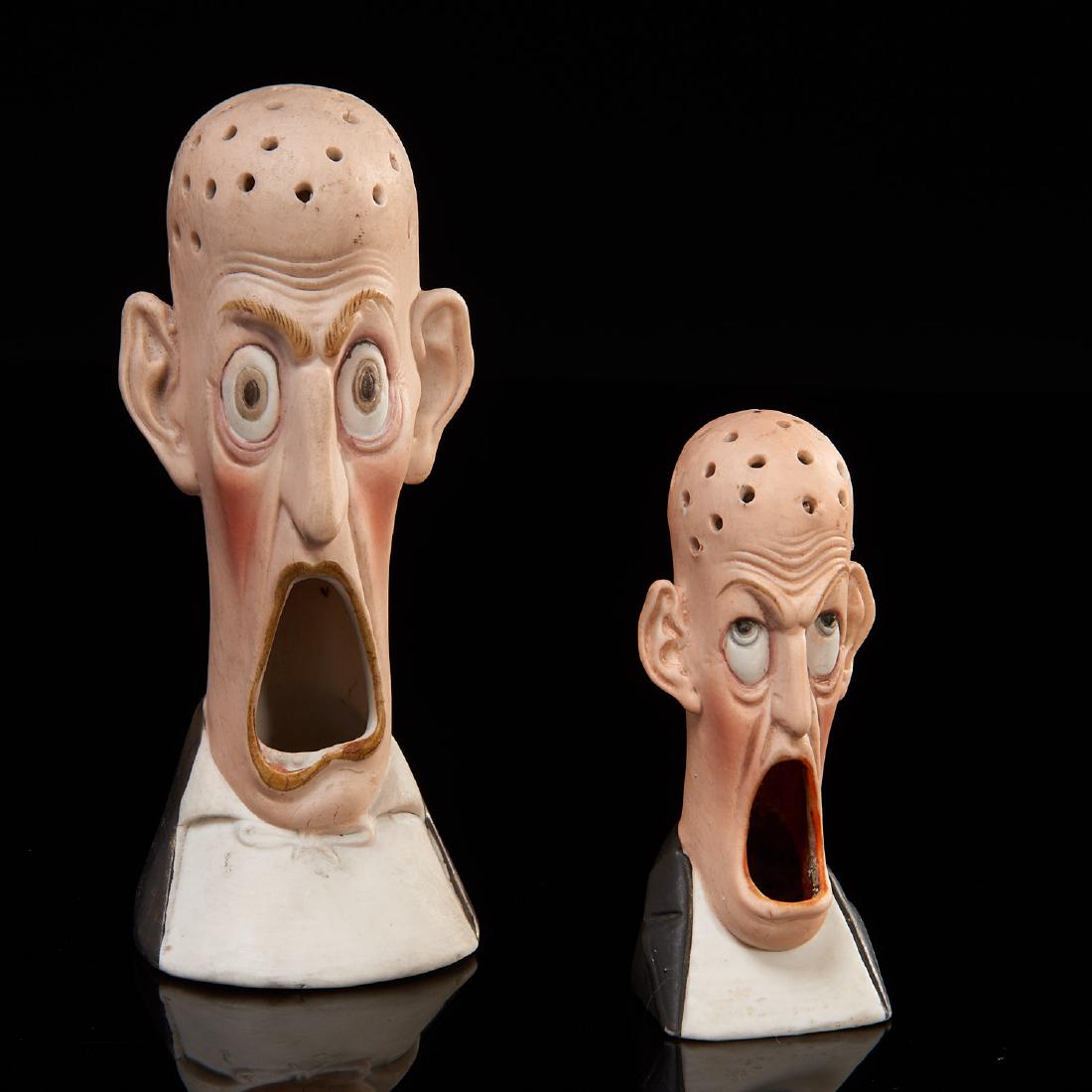 Schafer & Vater, (2) grotesque match holders: Schafer & Vater, (2) grotesque match holders, 1st quarter 20th c., Germany, incl. "Surprised" and "Angry", bisque porcelain, "Surprised" with factory mark to underside of foot, smaller: 3.5"h, larger: