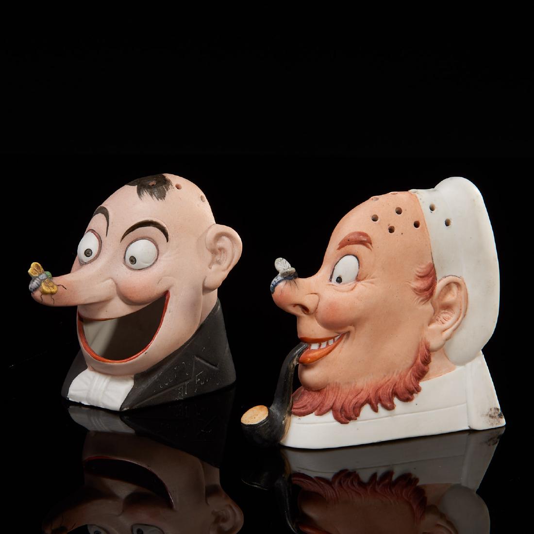 Schafer & Vater, (2) figural match holders: Schafer & Vater, (2) figural match holders, 1st quarter 20th c., Germany, incl. "Sailor and Bug" and "Fly on Nose", bisque porcelain, unmarked, larger: 4"h x 4"w