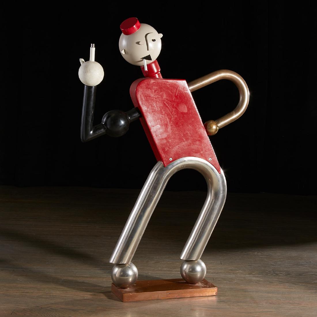 John Balsley, large Hagenauer style sculpture: John Balsley, large Hagenauer style sculpture, John Balsley (American, b. 1938), Smoking bellhop in the style of Franz Hagenauer, patinated and painted mixed metals, stamped signature on side of base 