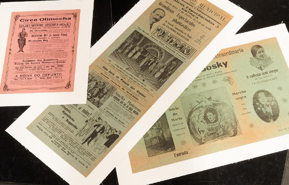 Group (3) Spanish illusionists advertisements: Group (3) Spanish illusionists advertisements, 1930's, South America, 1930s, incl. Maieroni, Troupe Bosky Troupe, and Mustapha Bey, linen-backed, smallest: 11.75"'h x 8.75"w (sheet), 15"h x 10"w (incl