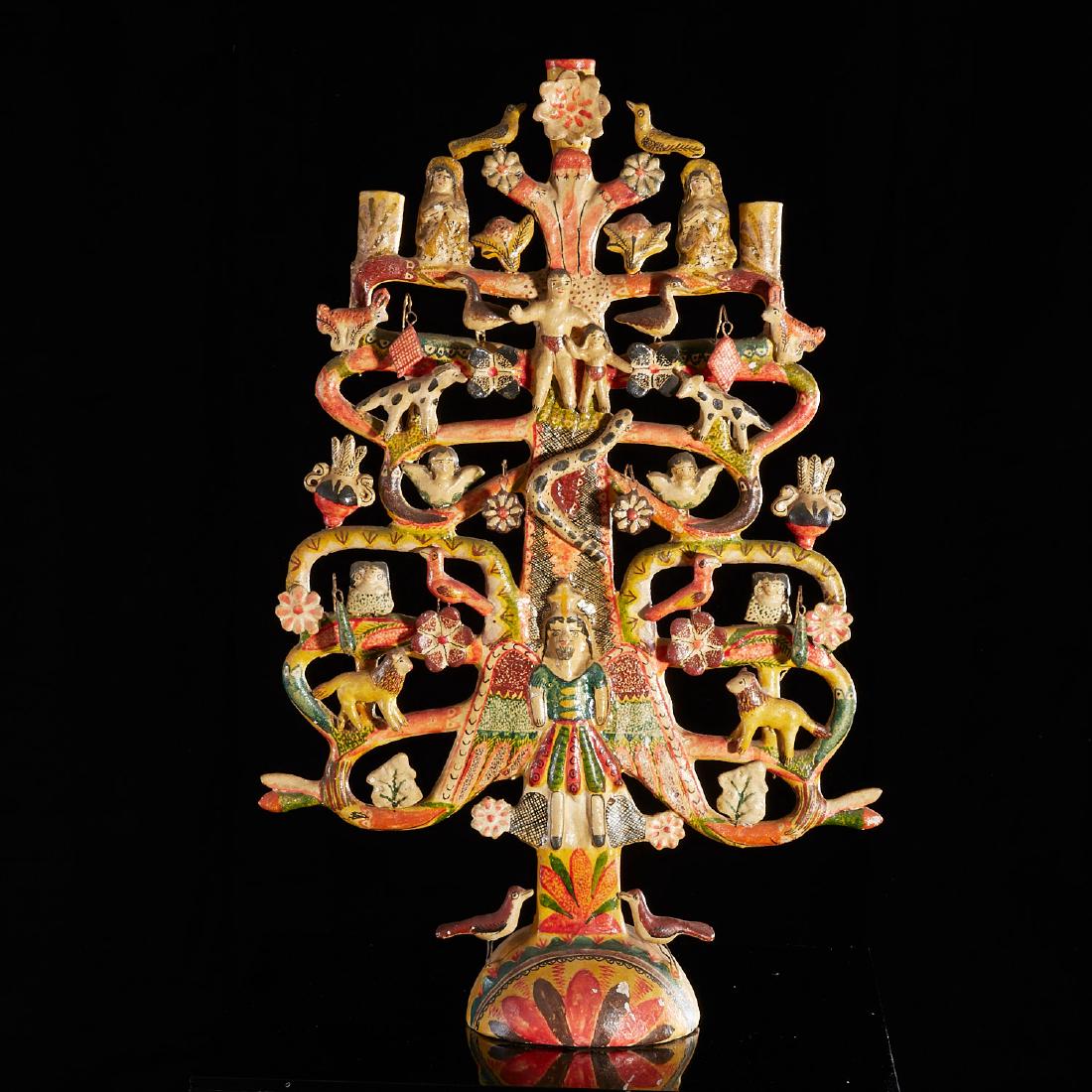 Large antique Mexican "Tree of Life": Large antique Mexican "Tree of Life", 19th/20th c., Mexican, beautifully poly-chromed clay featuring animal and vegetative life, traditional Catholic motifs, angels, adam and eve, serpent etc. with Ch