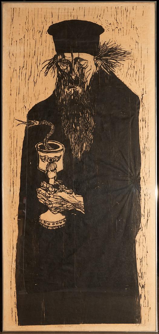 Nicholas Sperakis, life-size woodcut: Nicholas Sperakis, life-size woodcut, Nicholas Sperakis (American, b. 1943), "The Priest", huge and creepy woodcut on paper, pencil, titled, and numbered (35/40), below image, 74.5"h x 34.75"w (sight)