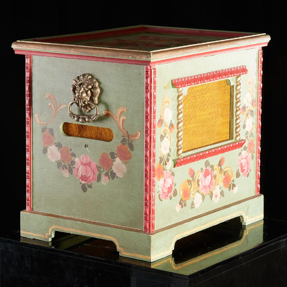 Slovenian style "Trompetenecho" Hurdy Gurdy: Slovenian style "Trompetenecho" Hurdy Gurdy, 20th c., Germany, signed Kaiser & Underberg, hand-painted wood cabinet with floral motifs, brass hardware, works are operational, includes music roll, 17"h
