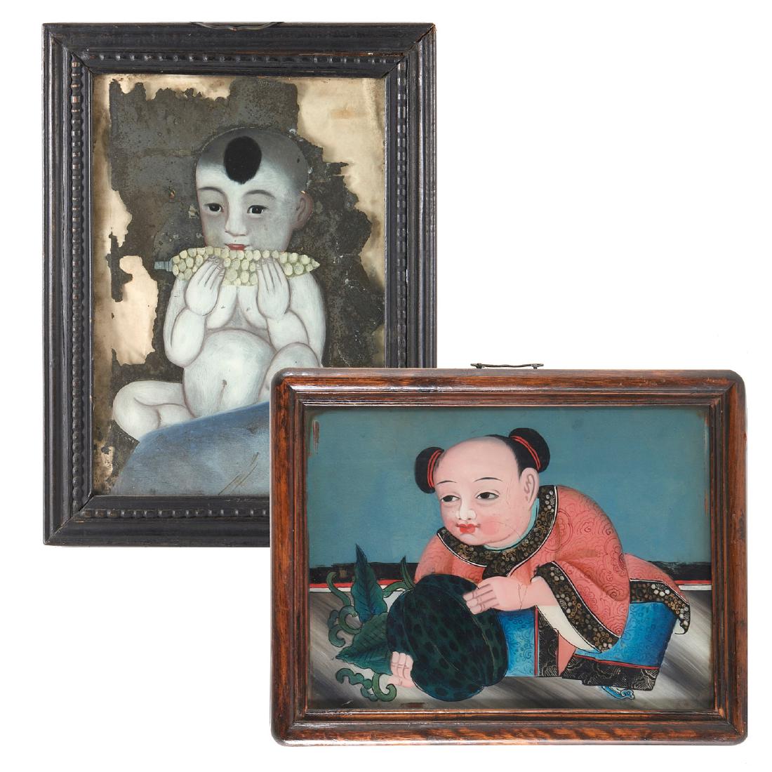 (2) Chinese Export eglomise paintings: (2) Chinese Export eglomise paintings, Qing Dynasty (19th c.), both of infant boys, one eating corn, the other holding a melon, the larger 11"h x 15"w (sight), 14"h x 18"w (frame)