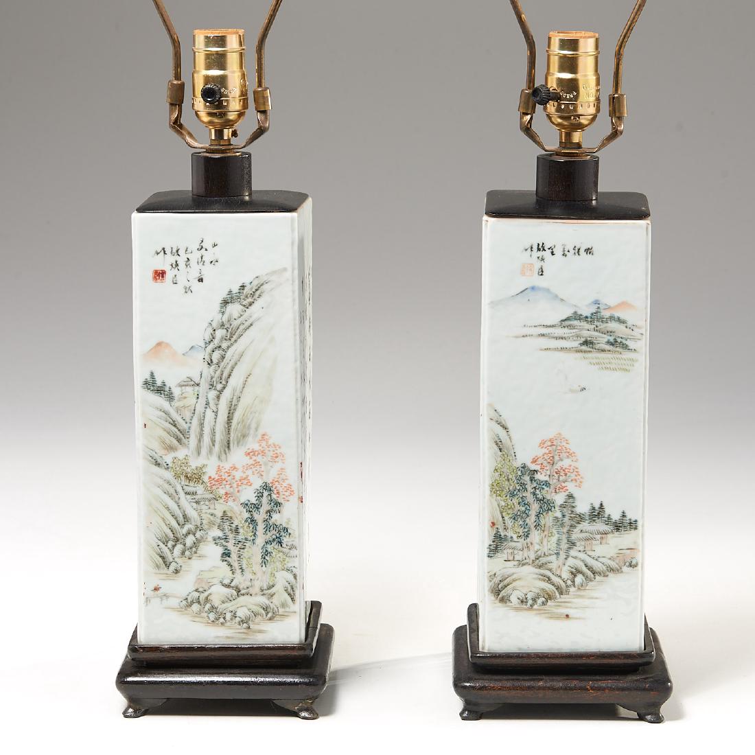 Chinese pair Famille Rose square vase lamps (1 of 7)