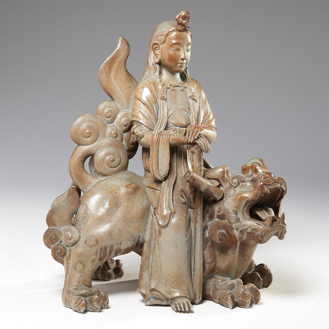 Large Asian stoneware Guanyin on Buddhist lion (1 of 9)