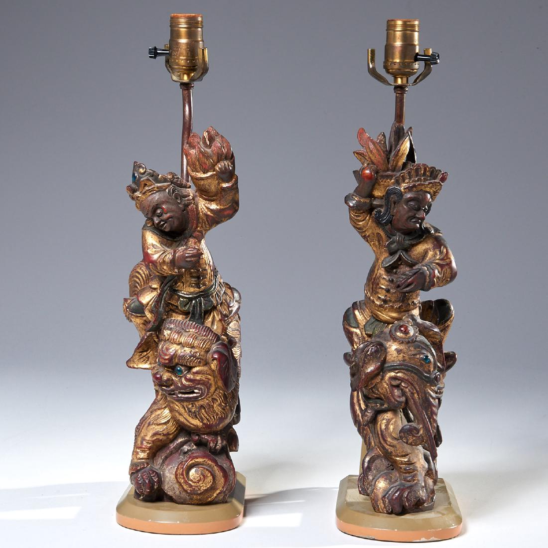 Pair Asian-style carved and jeweled wood lamps (1 of 10)