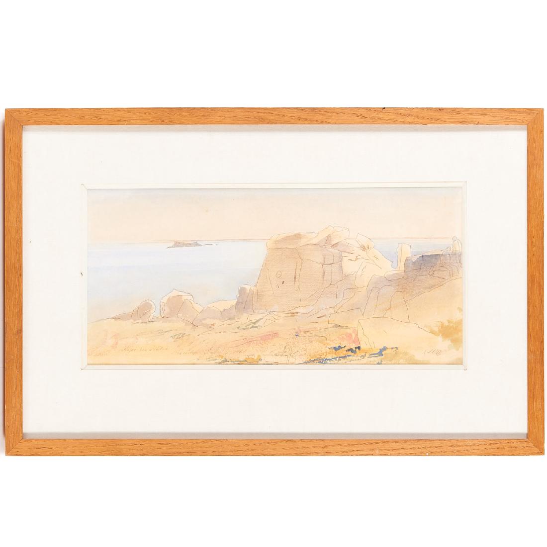 Edward Lear, painting: Edward Lear, painting, Edward Lear (British, 1812-1888), "Aajar em Nidra...", 1866, watercolor and ink on paper, apparently unsigned, inscribed and dated, lower left and verso, 8.25"h x 17.5"w (sight)