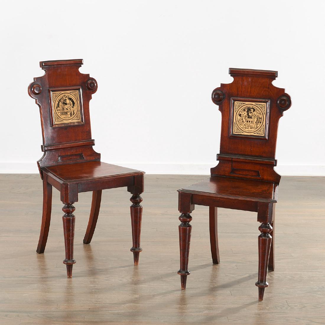 Pair English hall chairs with Minton tiles (1 of 10)
