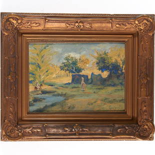 Louis Michel Eilshemius, painting: Louis Michel Eilshemius, painting, Louis Michel Eilshemius (American, 1864-1941), Figures in Landscape, c. 1900, oil on board, signed "Elshemus.", lower right, shipping information (from Germany to