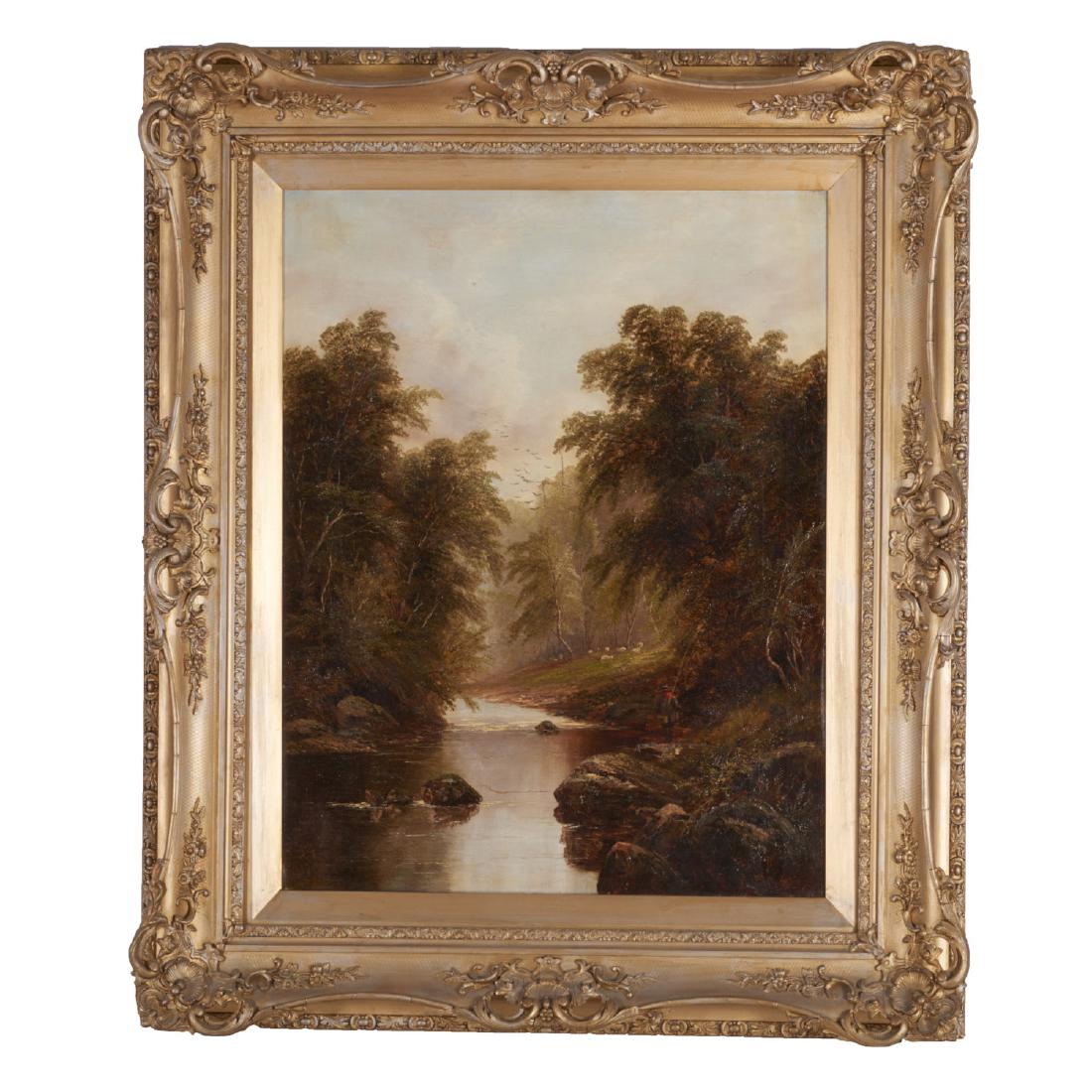 Circle of George Inness, painting: Circle of George Inness, painting, Circle of George Inness (American, 1825-1894), Fisherman on the river, oil on canvas, no signature visible, 35.75"l x 27.75"w (sight), giltwood frame