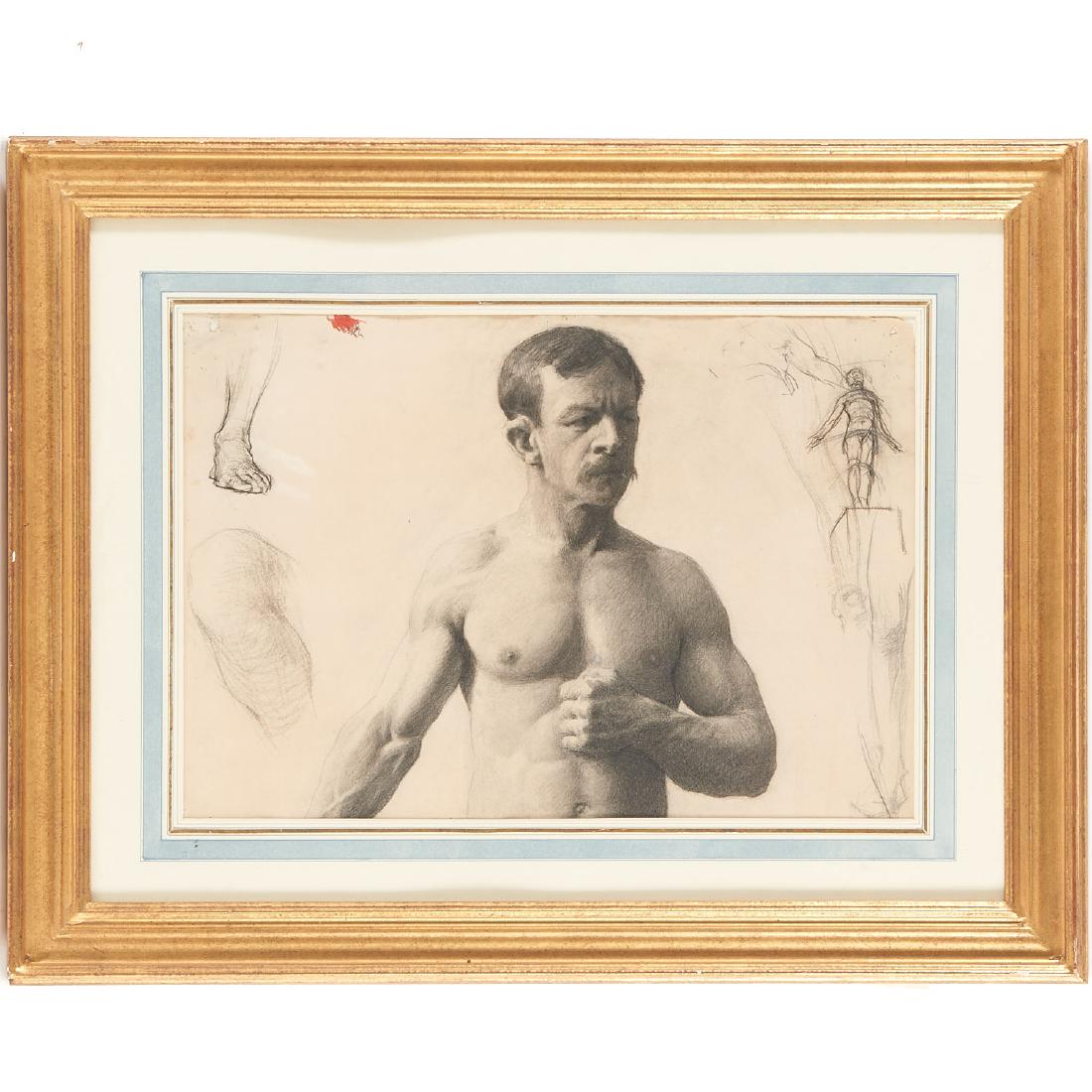Thomas Eakins School, drawing: Thomas Eakins School, drawing, Thomas Eakins School (American, 19th c.), Figural Study of a Man, charcoal and pencil on paper, unsigned, 13"h x 18"w (sight), 21.5"h x 27"w (framed)