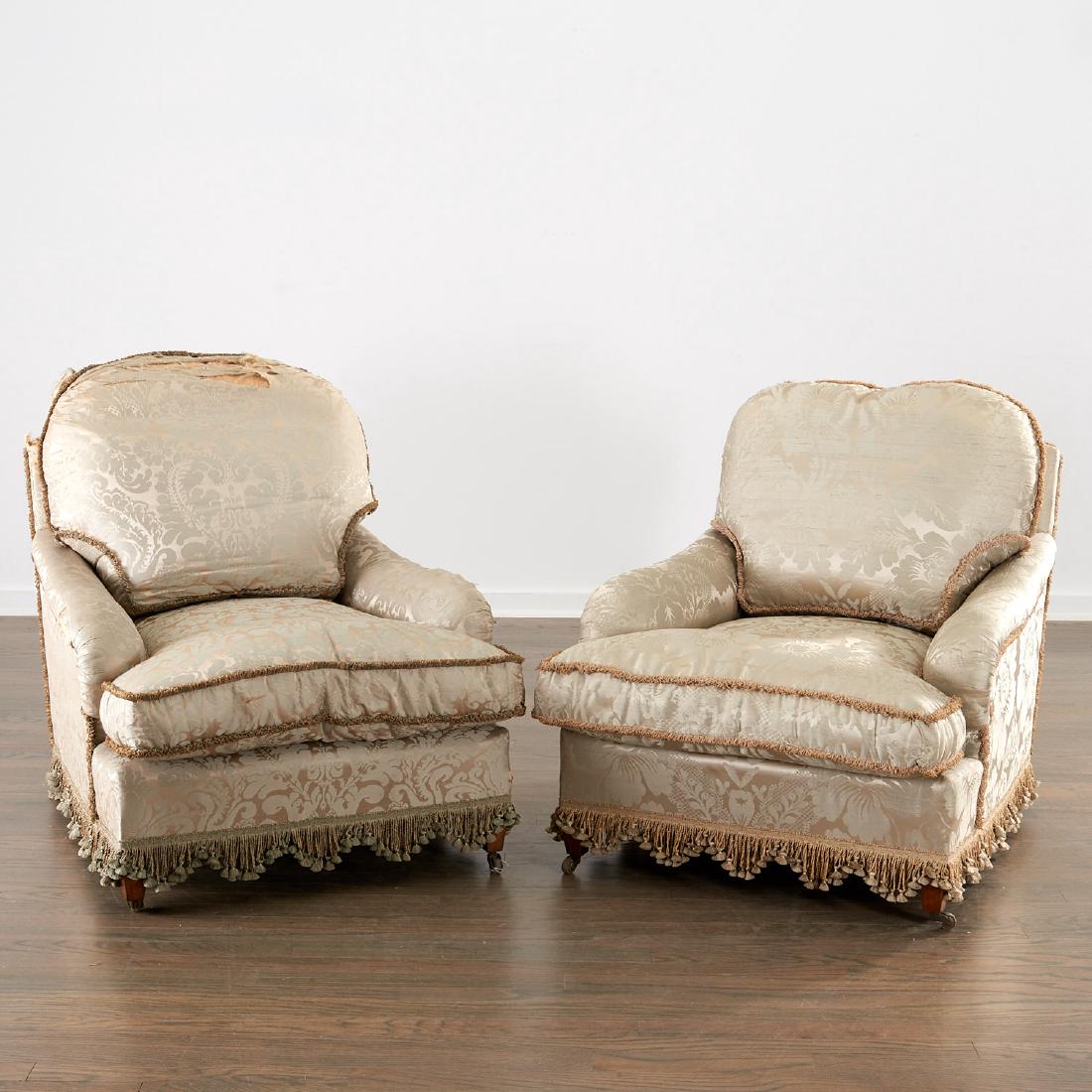 Pair silk upholstered lounge chairs (1 of 10)