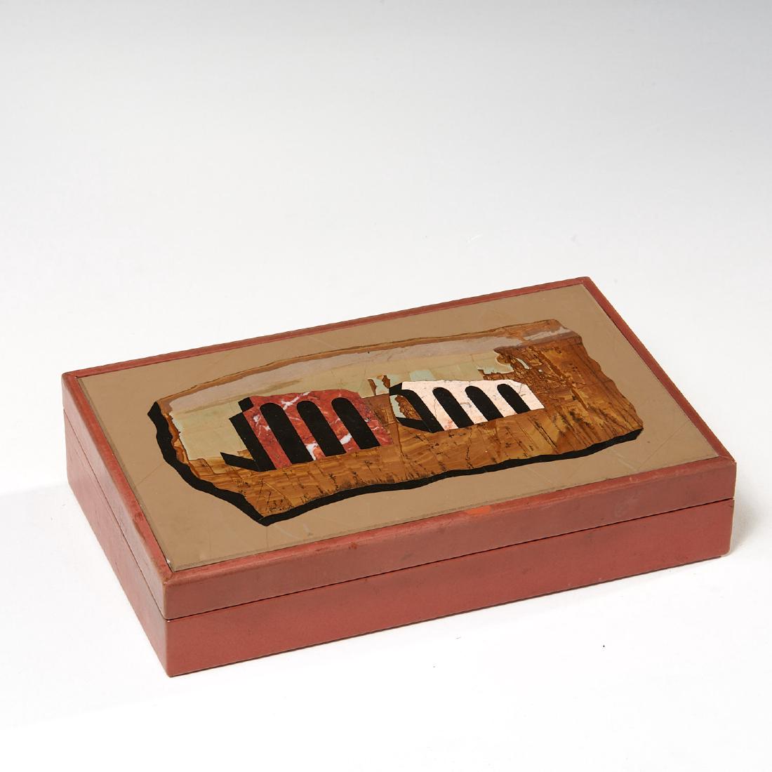 Richard Blow (attrib.) Pietra Dura box: Richard Blow (attrib.) Pietra Dura box, c. 1960, Italy, marble marquetry inlay surrealistic panel depicting ruins in a bare landscape, inset in leather-clad box, unsigned, 3.5"h x 10.75"l x 6.5"w Prov