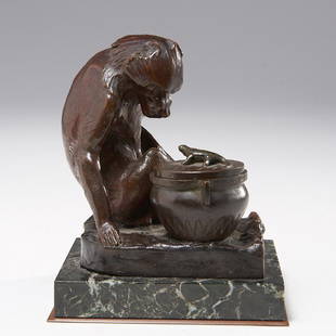 Maurice Frecourt bronze monkey inkwell: Maurice Frecourt bronze monkey inkwell, c. 1920, France, cast brown patinated bronze money sitting before lidded vessel inkpot, on marble base, cast signed "Frecourt", 7"h x 4.5"w x 5"d Provenance: Pr