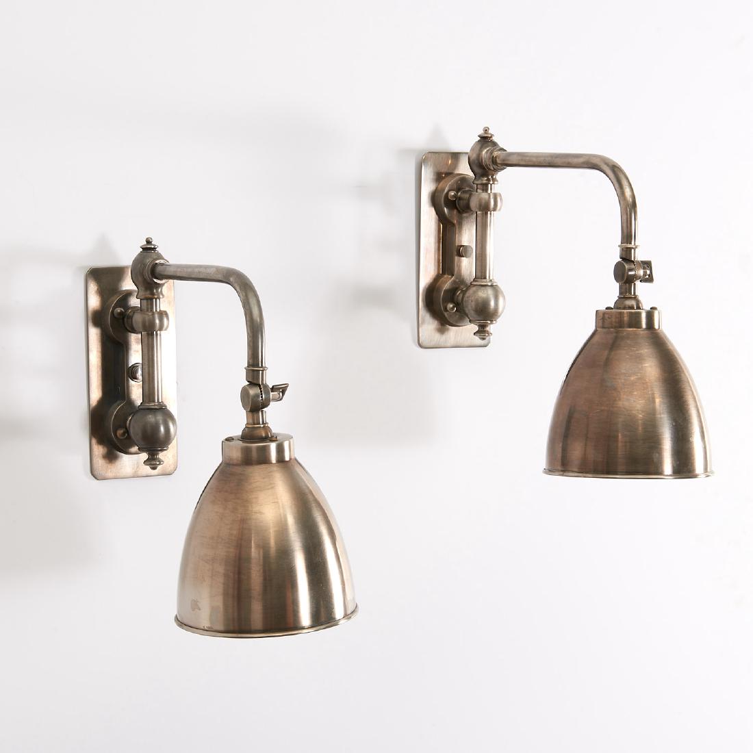 Pair Urban Archeology "Chart Light" sconces: Pair Urban Archeology "Chart Light" sconces, Contemporary, American, antiqued nickeled brass with pivoting arm and adjustable shade, sticker label to back-plate, 12"h x 6"w x 14"d (from backplate to o