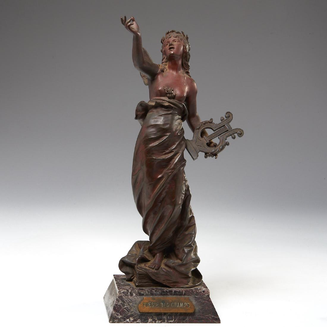 Europe Bouret, bronze sculpture: Europe Bouret, bronze sculpture, Europe Bouret (French, 1833-1906), "Poesies des Champs", c. 1900, red and brown patinated bronze on russet marble base, cast signature, approx. 16.5"h x 6"w x 5"d