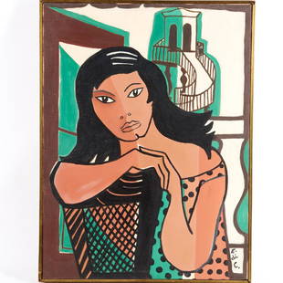 Emiliano di Cavalcanti, painting: Emiliano di Cavalcanti, painting, Emiliano di Cavalcanti (Brazilian, 1897-1976), "Mulata", oil on canvas, initial signed lower right, possibly maquette for Bohemia series serigraph, with four serigrap