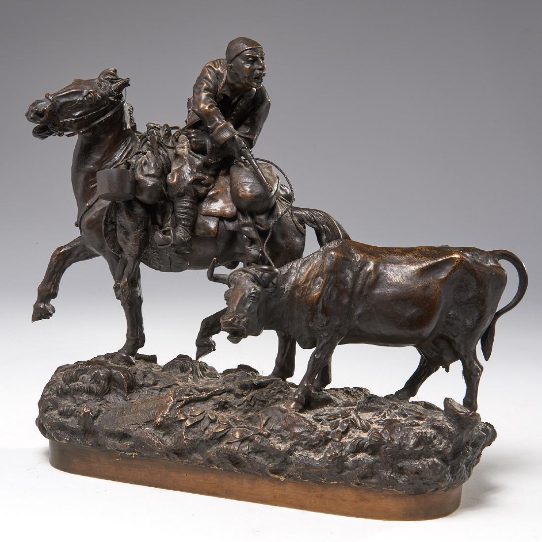 Vassili Grachev, bronze sculpture: Vassili Grachev, bronze sculpture, Vassili Grachev (Russian, 1831-1905), Cattle Thief, brown patina cast bronze with applied bronze wirework and strung components, cast Cyrillic signature and "C.F. Wo