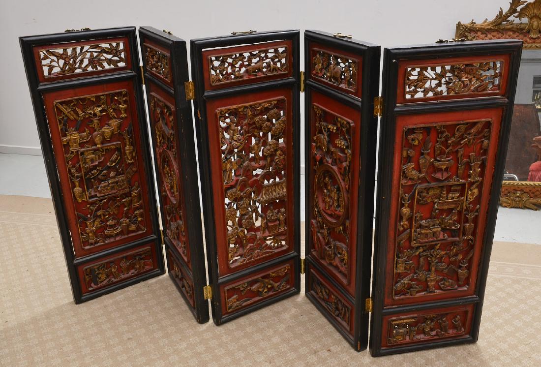 Nicely carved Chinese red lacquer and gilt screen (1 of 9)