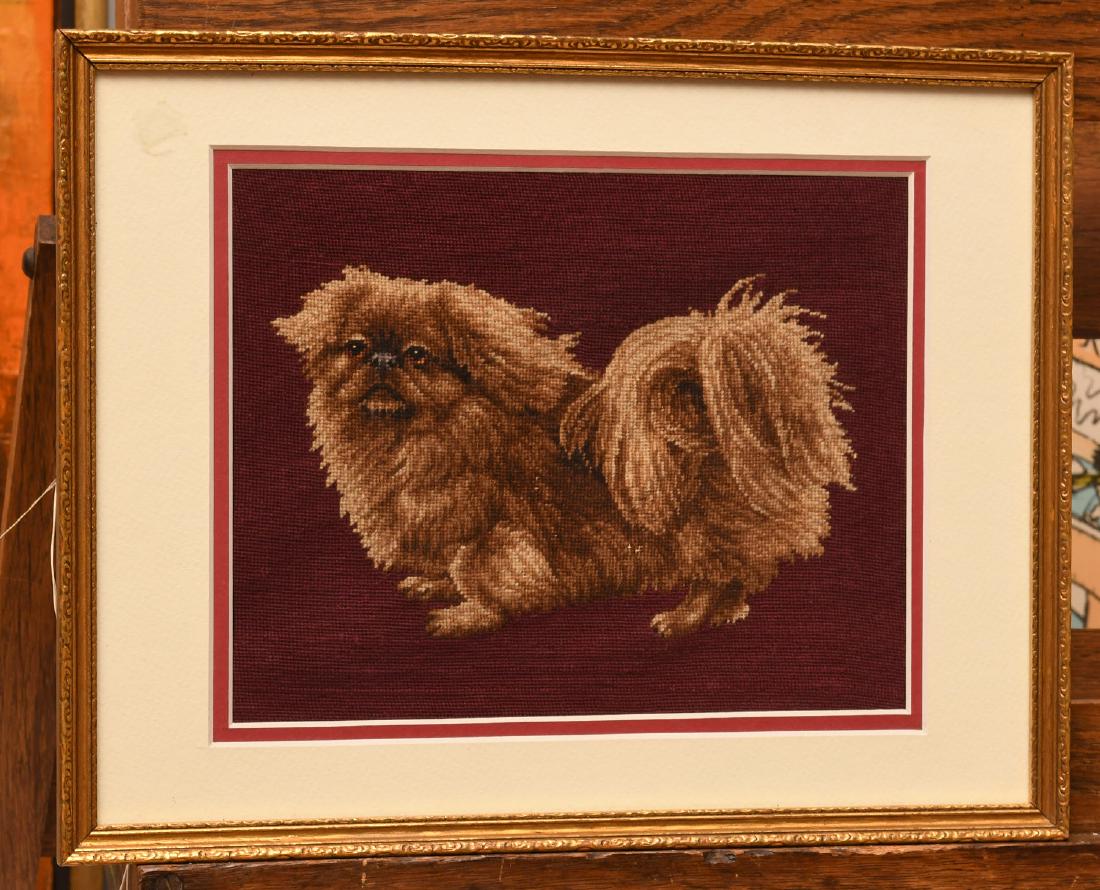 Needlepoint Pekingese dog panel: Needlepoint Pekingese dog panel, 20th/21st c., 7.5"h x 9.5"w (sight), 11"h x 14"w (framed)