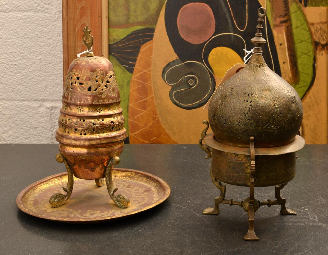 (2) old pierced brass Islamic censers (1 of 10)