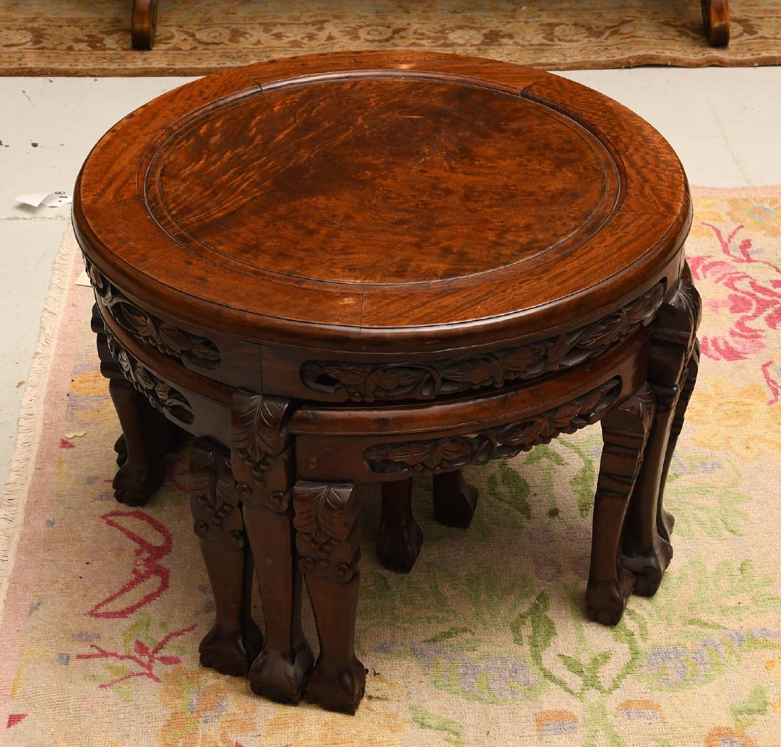 Carved Chinese hardwood tea table with stools (1 of 6)