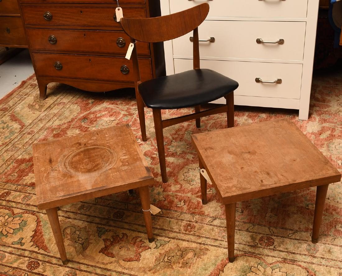 Arne Vodder style furniture group: Arne Vodder style furniture group, 20th c., incl. a Danish vinyl upholstered side chair, stamped on underside of frame, and a pair of Edgar Sharp side tables, chair: 30.5"h x 19"w x 18.5"d, tables: 15