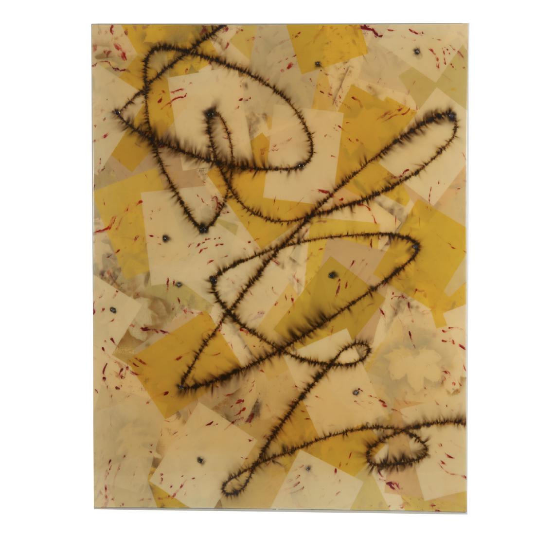 L.C. Armstrong, mixed media painting: L.C. Armstrong, mixed media painting, L.C. Armstrong (American, b. 1954), "Line of Fire", 1992, mixed media (fuse burn, enamel, resin bullets) on aluminum panel, signed and dated on verso, 62"h x 48"w