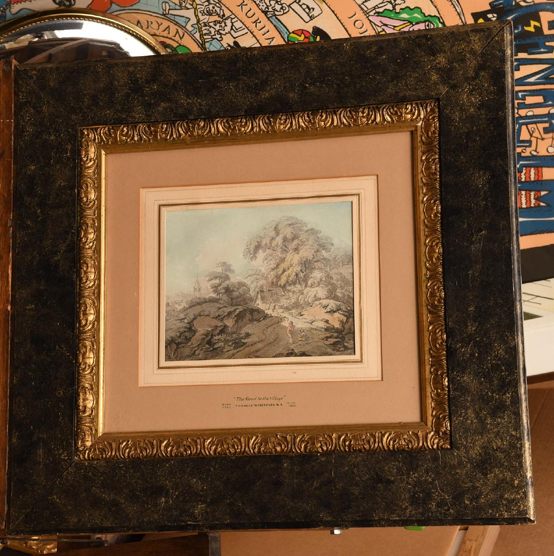 Francis Wheatley (attrib.), watercolor: Francis Wheatley (attrib.), watercolor, Francis Wheatley (attrib.) (British, 1747-1801), "The Road to the Village", watercolor on paper, no signature visible, 7"h x 8.5"w (sight), 22"h x 23"w (framed)