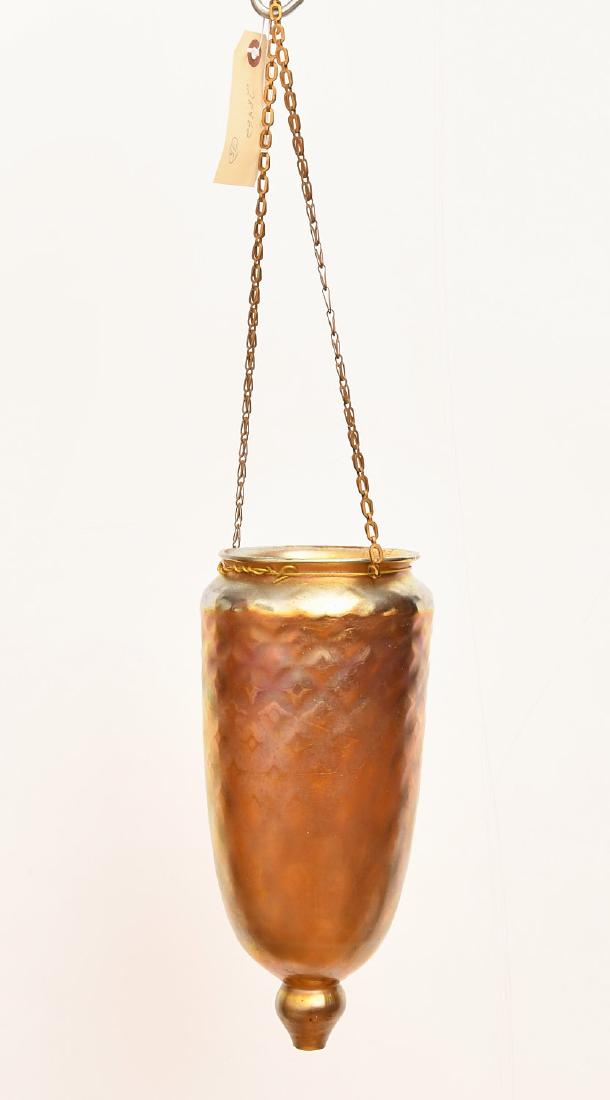 Tiffany Favrile style hanging pendant shade: Tiffany Favrile style hanging pendant shade, 20th .c, marked on rim "L.C.T. Favrile", 11"h (shade), 22.5"h (incl. chain)