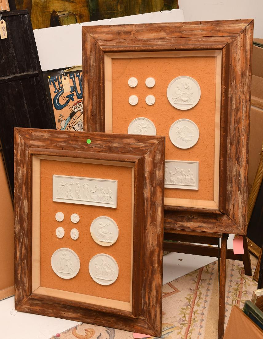 Collection (16) Neo-classical plaster intaglios: Collection (16) Neo-classical plaster intaglios, 20th c., probably Italian, largest: 4.25"h x 11.25"w, smallest: 1.75" dia., 33.5"h x 27.5"w (framed)