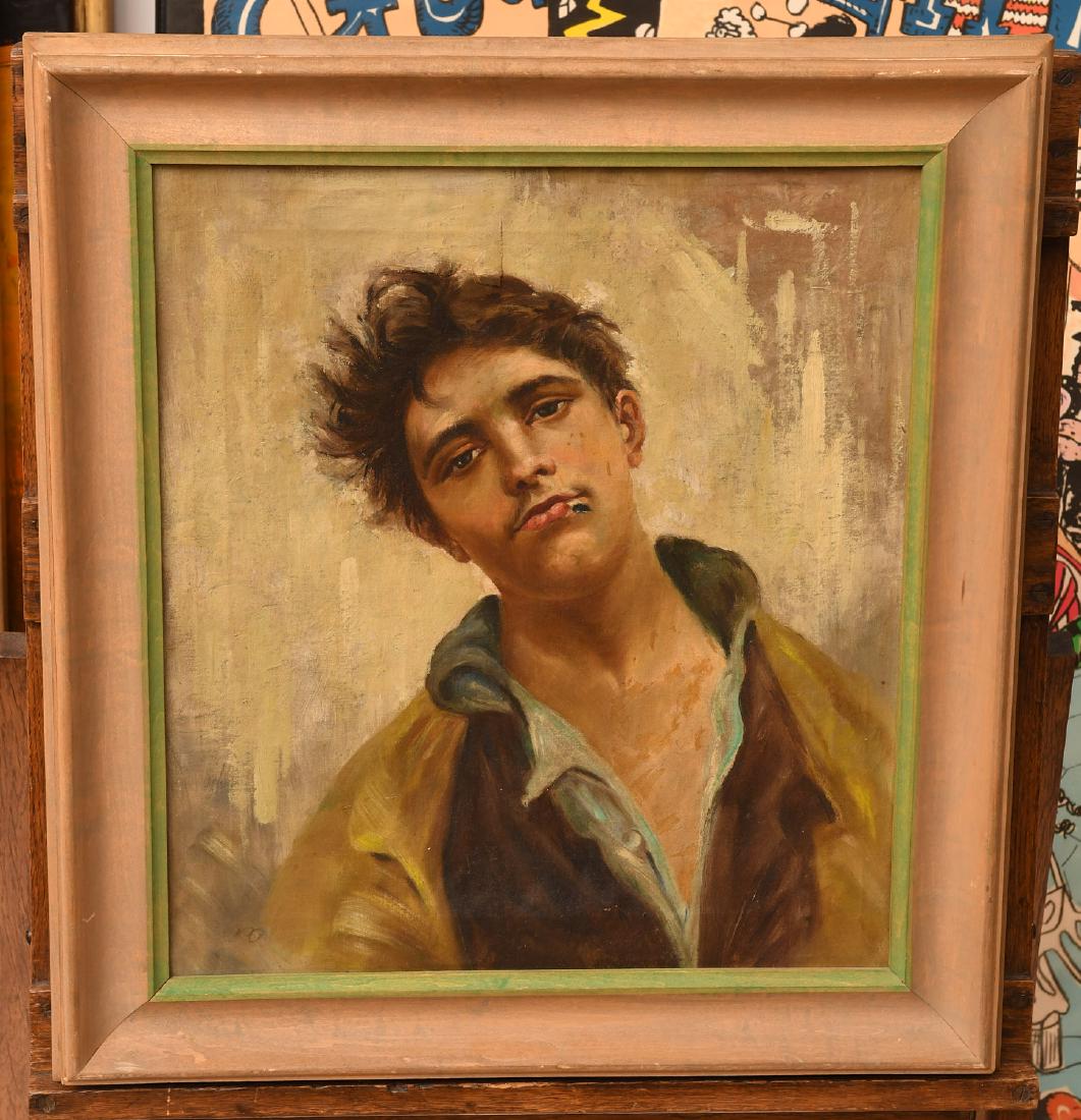 American School, portrait painting: American School, portrait painting, American School (20th c.) Young tough guy with cigarette, oil on canvas, illegibly signed, 18"h x 15.5"w (image) 23"h x 21"w (framed) Provenance: A New Jersey colle