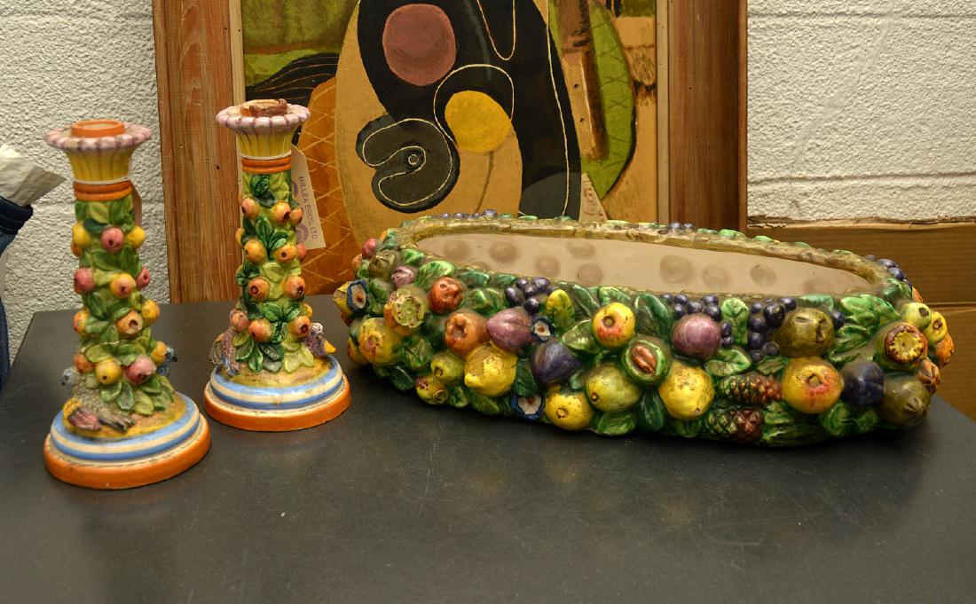 Pair of Majolica candlesticks and planter (1 of 10)
