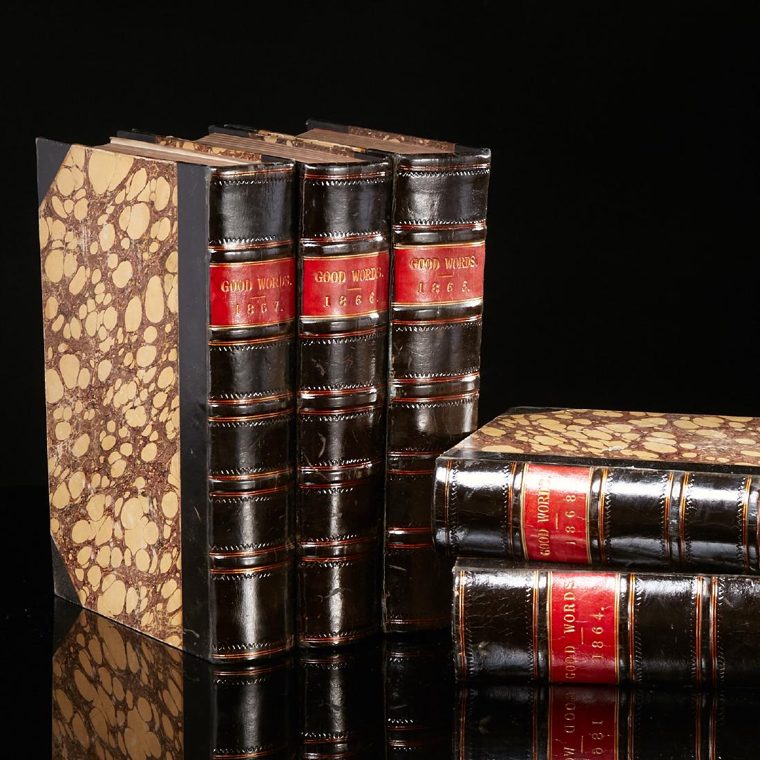 BOOKS: (5) Vol Good Words set 1864-8: BOOKS: (5) Vol Good Words set 1864-8, Norman Macleod. Good Words. Strahan & Co., London, 1864-1868. Numerous plates by a variety of illustrators, leather spine and corners, marble design hardcover, 7 