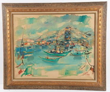 Mordechai Avniel, painting: Mordechai Avniel, painting, Mordechai Avniel (Israeli, 1900-1989), Harbor, oil on canvas, signed lower left and signed in Hebrew lower right, 24"h x 30"w, framed