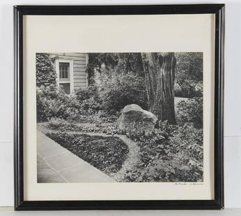 Gottscho - Schleisner, photograph: Gottscho - Schleisner, photograph, Samuel Gottscho (American, 1875-1971) and William Schleisner (American, 1912-1962), Tree and rocks near house, black and white photograph, signed lower right on moun