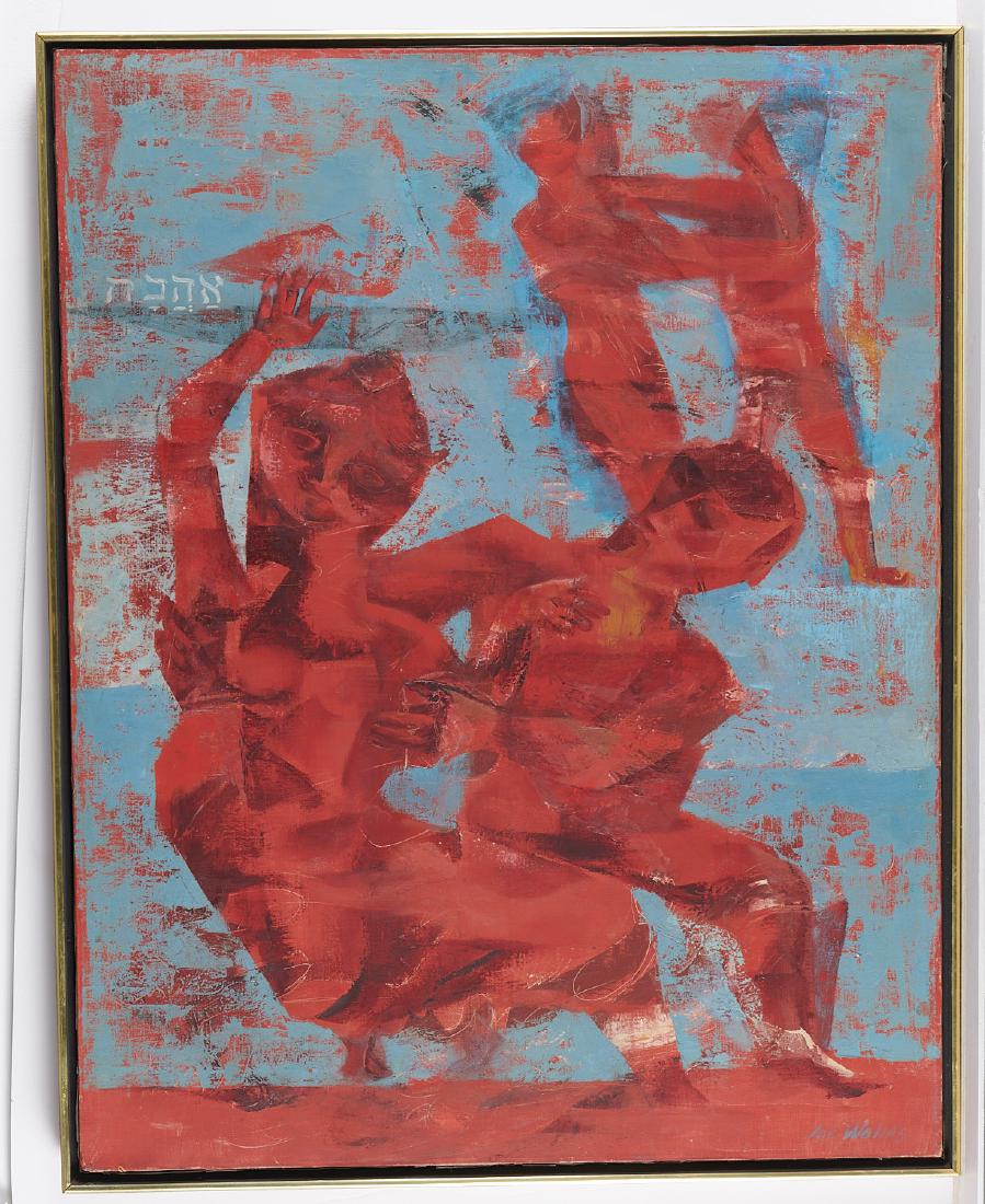 Joseph Wolins, painting: Joseph Wolins, painting, Joseph Wolins (American, 1915-1999), "Persuasive Groom no. 1", 1958(?), oil on canvas, signed lower right, inscribed in Hebrew upper left, label verso and faint writing possib