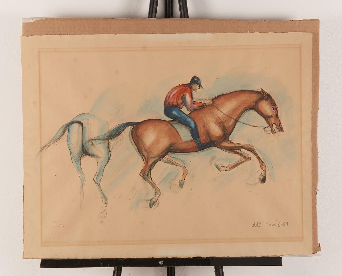Sunil Das, Indian artist lithograph: Sunil Das, Indian artist lithograph, Sunil Das (Indian, 1939-2015), Jockey, 1963, hand colored lithograph, signed and dated lower right, numbered (48/50) lower left, 20"h x 25.75"w (sheet), unframed