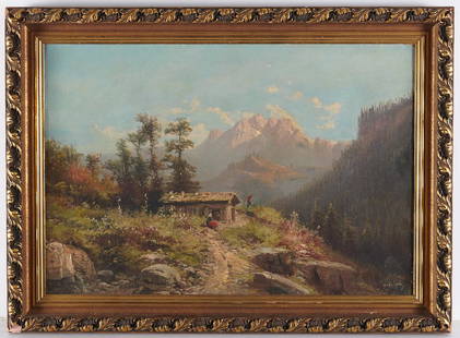 Attrib. to Alfred Godchaux, painting: Attrib. to Alfred Godchaux, painting, Attrib. to Alfred Godchaux (French, 1835-1895), Mountain landscape, oil on canvas, signed lower right, 15"h x 21.75"w, framed
