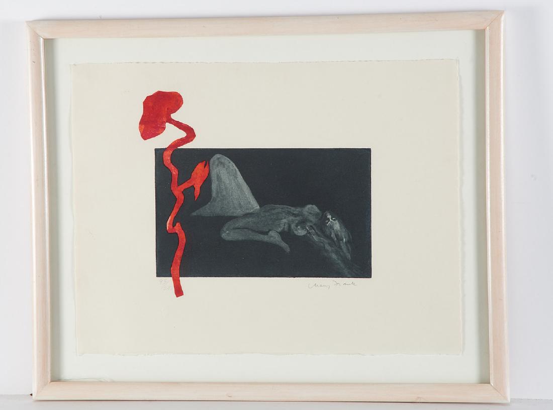 Mary Frank, print: Mary Frank, print, Mary Frank (American, b. 1933), Nude with abstracted flower, aquatint and pochoir (?), signed lower right, numbered (93/200) lower left, blind stamp lower left, 11.75"h x 15.75" (sh