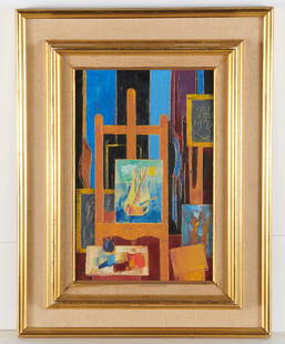 Tony Agostini, painting: Tony Agostini, painting, Tony Agostini (Italian, 1916-1990), Artist's studio, oil on canvas, signed lower center, 13"h x 8.5"w, framed