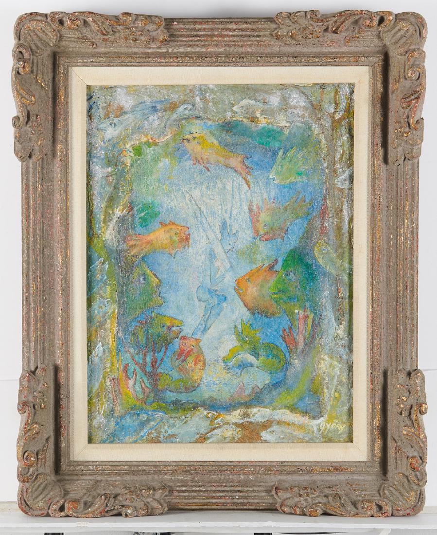 Eszter Gyory, painting: Eszter Gyory, painting, Eszter Gyory (Hungarian-American, b. 1944), "Fantasy III", 1986, oil and acrylic with collage on canvas, signed lower right, titled, dated, signed, and inscribed verso, 16"h x