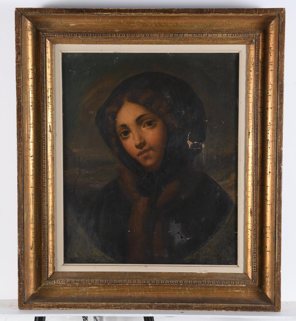 Continental School, 19th c. portrait: Continental School, 19th c. portrait, Continental School (19th c.), Portrait of young beauty in head scarf, 18"h x 15"w, framed