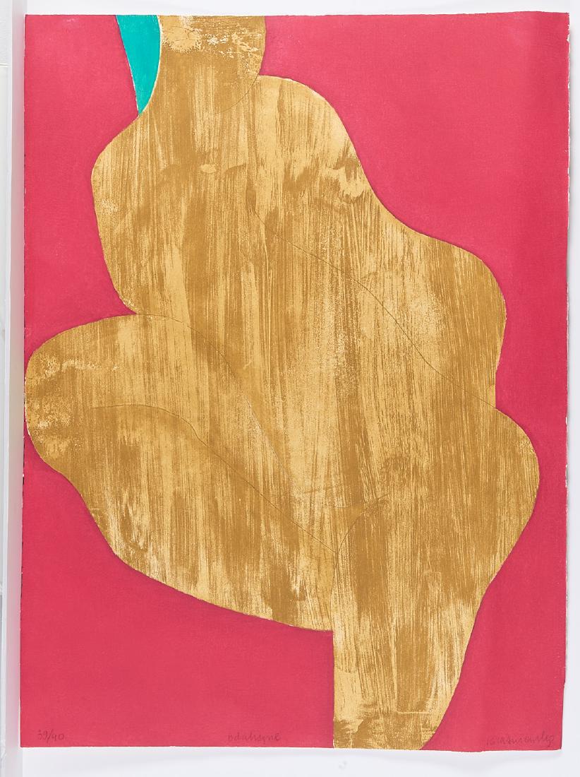 Barbara Kwasniewska, color lithograph: Barbara Kwasniewska, color lithograph, Barbara Kwasniewska (Polish, b. 1931), "Odalisque", abstract female figure, color lithograph, signed lower right, titled lower center, numbered lower left, 29.5"